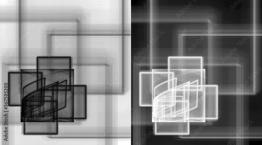 Poster set of black and white abstract fractal backgrounds with squares and other geometric shapes. 3d rend