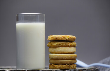 glass of milk and cookies on gray background.