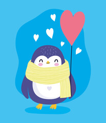 penguin with scarf and balloon heart antarctic bird animal cartoon wildlife