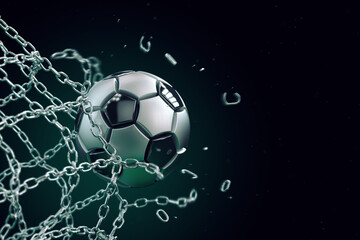 Naklejka premium Soccer ball made of metal breaking metal net. Concept of football goal, with ball breaking the metal chain net, 3d illustration