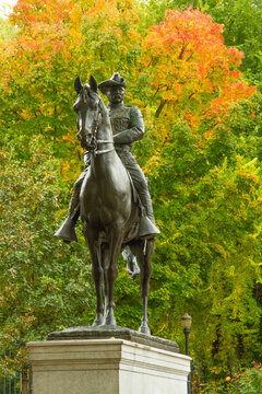 Portland, Oregon;  A statue of Teddy Roosevelt on his horse in the autumn season, in the park block of Portland, .