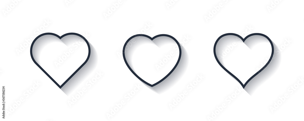 Poster set of hearts icon. heart shapes in line style with shadow isolated on white background. flat vector