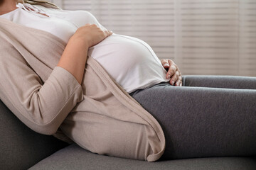 Portrait shot of young beautiful woman on third trimester of pregnancy. Close up of pregnant female...
