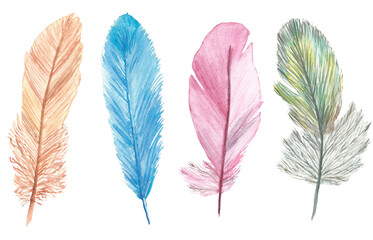 Fototapeta na wymiar Watercolor hand painted nature romantic fluffy bird wing set with different yellow gold, blue, pink and green boho feathers collection isolated on the white background for design elements