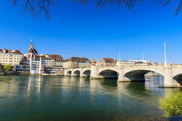Obraz na płótnie Canvas View of The Middle Bridge. The Middle Bridge is a historic bridge in the Swiss city of Basel on river of the Rhine. Switzerland
