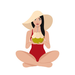 White girl with black hair in red bathing suit and straw hat sits in Lotus position and drinks coconut water from green coconut through straw. Vector stock flat illustration isolated on white.