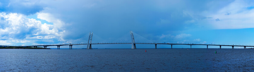 Panoramic view, cable stayed pylon bridge over the Ship fairway. Road bridge on the highway of the Western high speed diameter in the West of Saint Petersburg, Russia