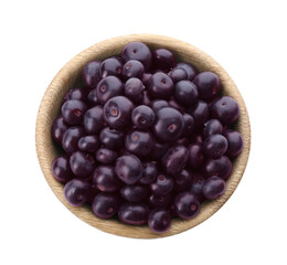Fresh acai berries in bowl isolated on white, top view