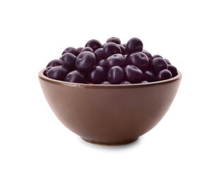 Fresh acai berries in bowl isolated on white