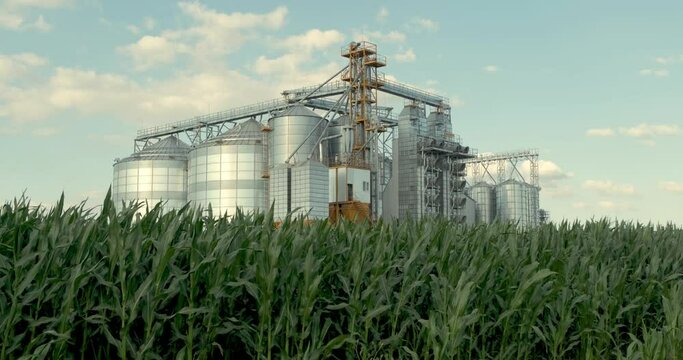 Modern Granary elevator. Silver silos on agro-processing and manufacturing plant for processing drying cleaning and storage of agricultural products, flour, cereals and grain. 