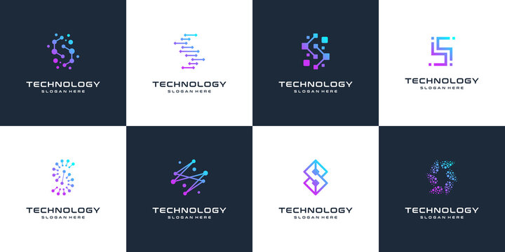 Collection of letter S abstract logo design symbol letter mark technology, dot, computer, data, internet. premium vector.