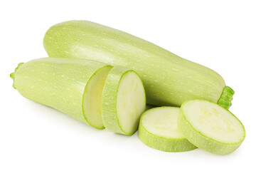 fresh green zucchini or marrow with slices isolated on white background