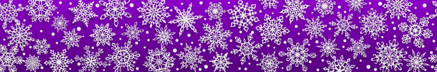 Obraz na płótnie Canvas Christmas seamless banner of paper snowflakes with soft shadows on purple background. With horizontal repetition