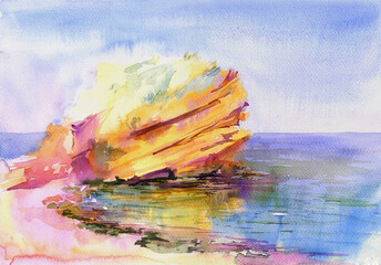 Sea landscape with stone,hand drawn.Watercolor sketch