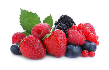 Pile of different ripe tasty berries and green leaves isolated on white