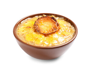 Tasty homemade french onion soup isolated on white