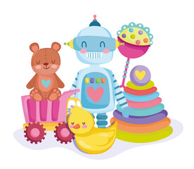 toys object for small kids to play cartoon teddy bear robot duck rattle and pyramid