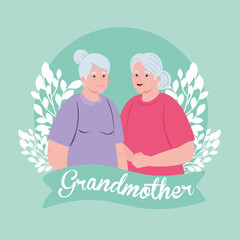 cute old women, grandmothers with leaves decoration vector illustration design