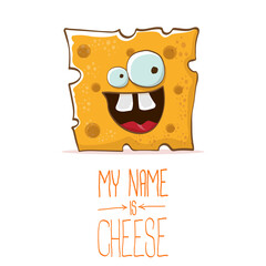 vector funny cartoon cute orange cheese character isolated on white background. My name is cheese. food funky character