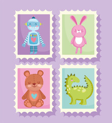 toys object for small kids cartoon robot rabbit bear and dinosaur animals and ball post stamp design