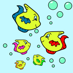 Happy family of fish have fun playing with bubbles in the ocean. The goldfish smile and look at each other. Marine fish have a yellow body and green, blue, red, pink, orange, purple fins.