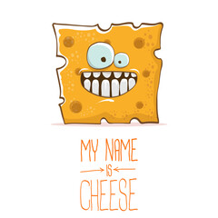 vector funny cartoon cute orange cheese character isolated on white background. My name is cheese. food funky character