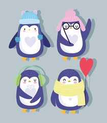 penguins cartoon with hats scarf and heart balloon antarctic bird animal wildlife