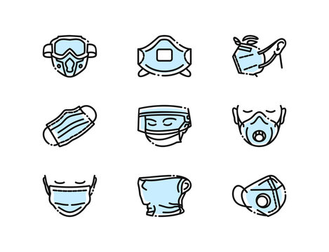 Face protection, medical masks, respirators, filters for a respirator, face in a mask, doctor mask, set icons, outline icons, covid protection, coronavirus protection, virus protection