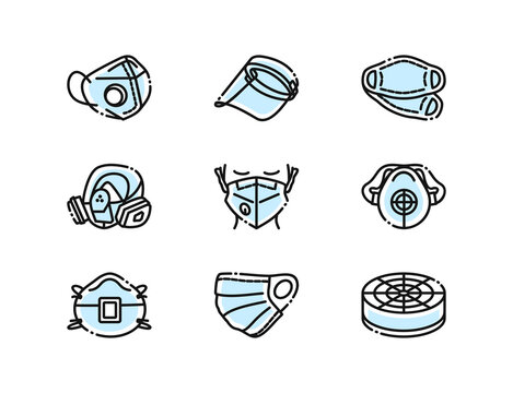 Face protection, medical masks, respirators, filters for a respirator, face in a mask, doctor mask, set icons, outline icons, covid protection, coronavirus protection, virus protection