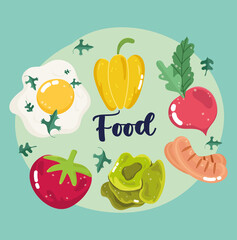 food fresh organic products fried egg pepper radish tomato and lettuce