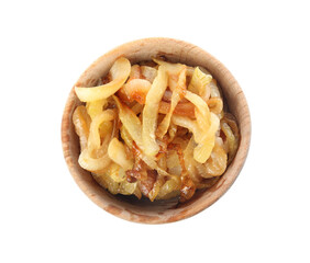 Tasty fried onion in wooden bowl isolated on white, top view