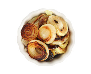 Tasty fried onion in bowl isolated on white, top view
