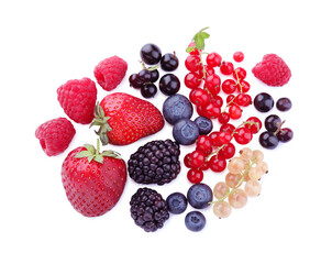 Mix of different fresh berries isolated on white, top view