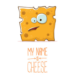 vector funny cartoon cute orange cheese character isolated on white background. My name is cheese. food funky character