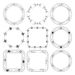 round and quadrate frames with fish and seashells and starfish - vector set