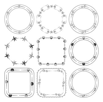 round and quadrate frames with fish and seashells and starfish - vector set