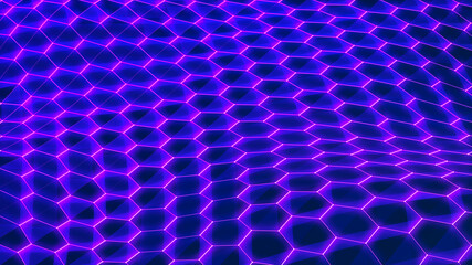 Neon light. Technology background. Honeycomb concept. Big data. Hexagonal space with connected dots and lines. 3d