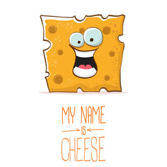 vector funny cartoon cute orange cheese character isolated on white background. My name is cheese. food funky character