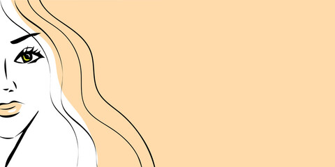 Stylish horizontal background with portrait of a beautiful girl with a wavy red long hair. Fashionable beauty laconic female design for logo, decoration, print, cosmetic. Colorful sketch, hand drawn