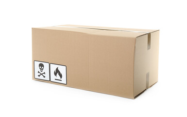 Cardboard box with different packaging symbols isolated on white. Parcel delivery