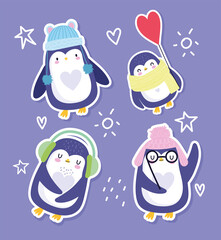 penguin bird animal cartoon character funny with hats glasses scarf sticker design