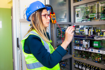 Young female maintenance engineer testing voltage with digital multimeter