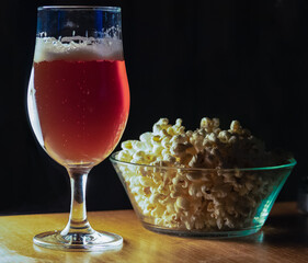 Home brewed beer and pop-corn