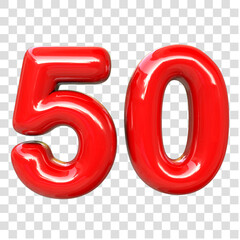 Glossy red number 50. 3d illustration. Transparent background