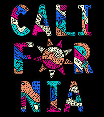 California. Vertical multicolor doodle isolate contrast inscription, sun. Patterned curves crooked letters. US state California for print, clothing, t-shirt, souvenir, advertising. Stock vector image.