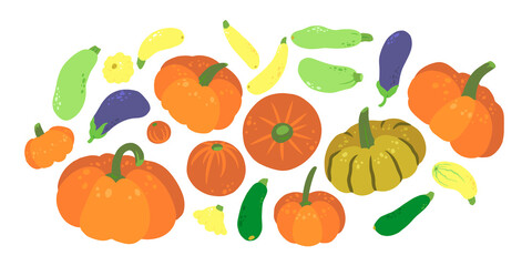 Hand drawn set of vegetables. Colorful cartoon pumpkins, courgette and eggplants.