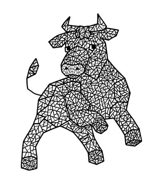 Cartoon bull in polygonal style. Hand drawn vector illustration. Single animal character. Black contour drawing isolated on white. Symbol 2021 on the eastern calendar for design, card, print, decor.