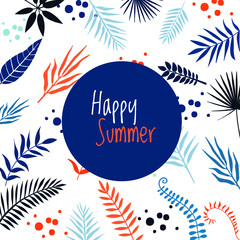 Happy Summer Background Vector Banner Palm Leaves  