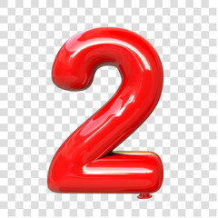 Number two red glossy style. 3d illustration.  Transparent background