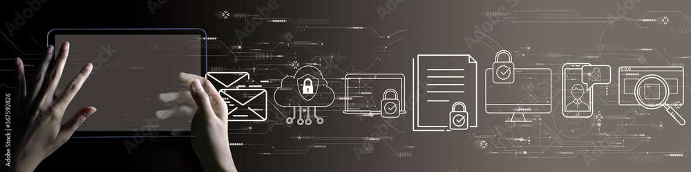 Poster Data protection with person hand using a digital tabblet computer on grey background.